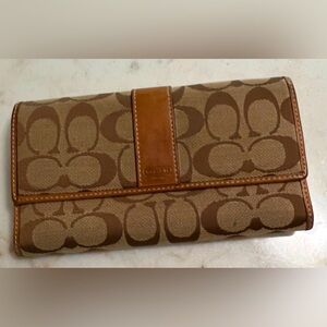 COACH Brown Monogram Fold Over Wallet - 3 Bill Pocket, Zip Pocket, 12 Card Slots
